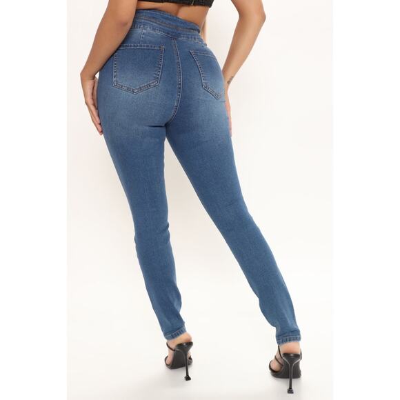 Fashion Nova Lace Up To It Stretch Skinny Jeans - Medium Blue Wash - Picture 4 of 13